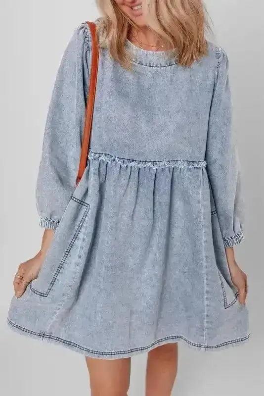 Blue Denim Puff Sleeve Mini Dress Women UK | Light Wash