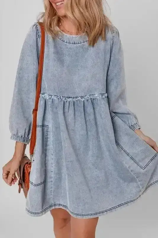Blue Denim Puff Sleeve Mini Dress Women UK | Light Wash