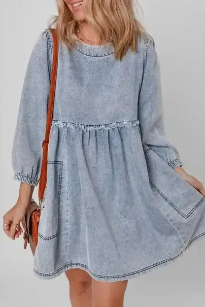 Blue Denim Puff Sleeve Mini Dress Women UK | Light Wash