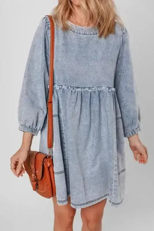 Blue Denim Puff Sleeve Mini Dress Women UK | Light Wash
