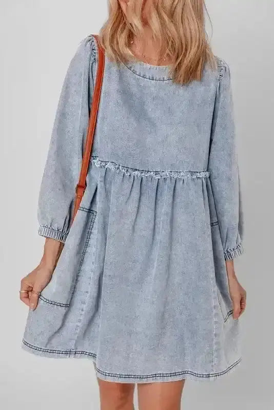 Blue Denim Puff Sleeve Mini Dress Women UK | Light Wash