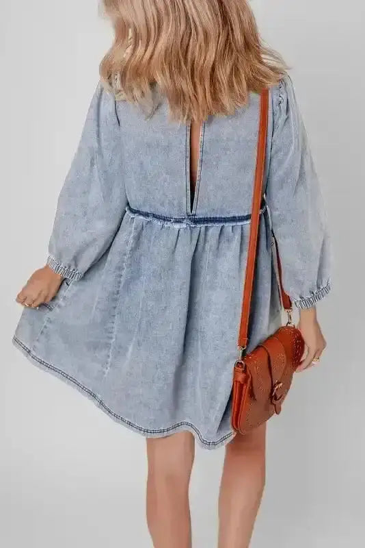 Blue Denim Puff Sleeve Mini Dress Women UK | Light Wash