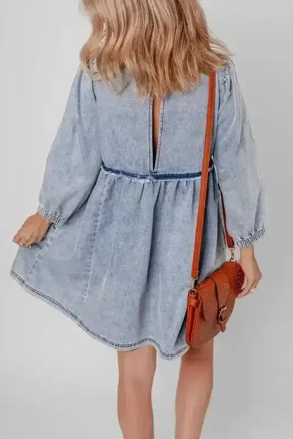 Blue Denim Puff Sleeve Mini Dress Women UK | Light Wash