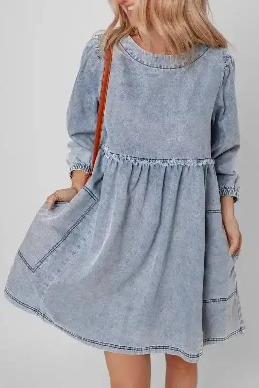 Blue Denim Puff Sleeve Mini Dress Women UK | Light Wash