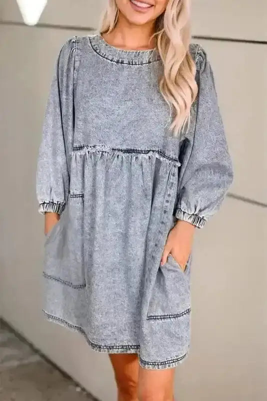 Blue Denim Puff Sleeve Mini Dress Women UK | Light Wash