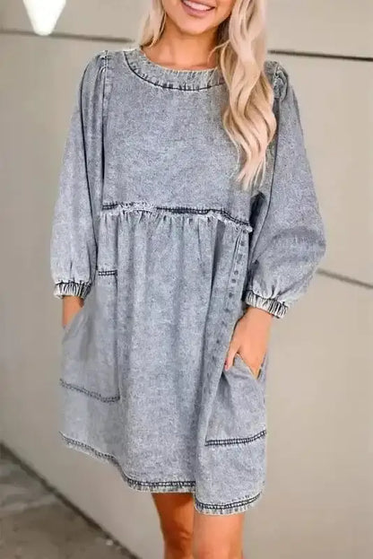 Blue Denim Puff Sleeve Mini Dress Women UK | Light Wash