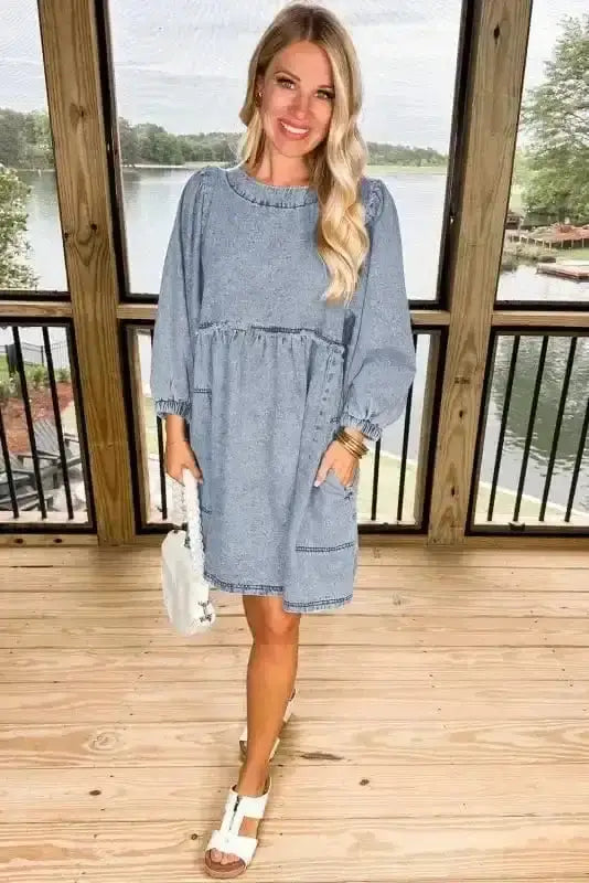 Blue Denim Puff Sleeve Mini Dress Women UK | Light Wash