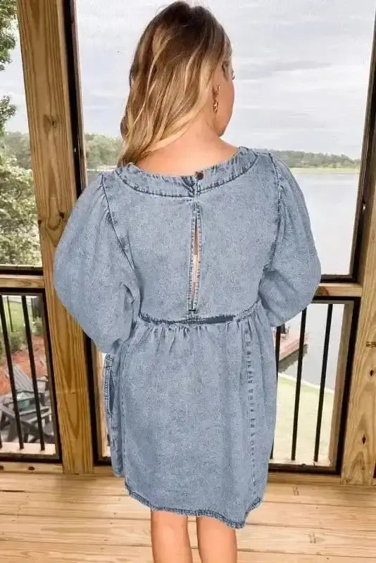Blue Denim Puff Sleeve Mini Dress Women UK | Light Wash