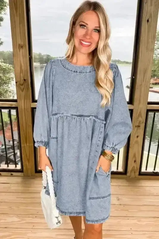 Blue Denim Puff Sleeve Mini Dress Women UK | Light Wash