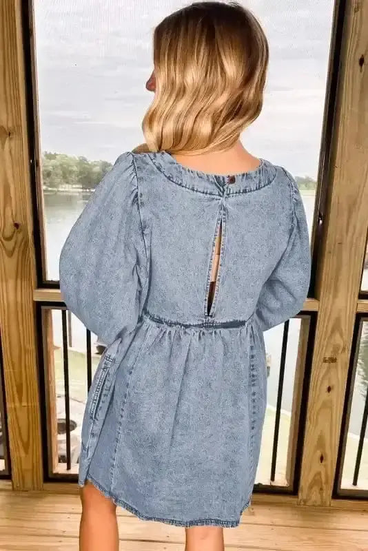 Blue Denim Puff Sleeve Mini Dress Women UK | Light Wash