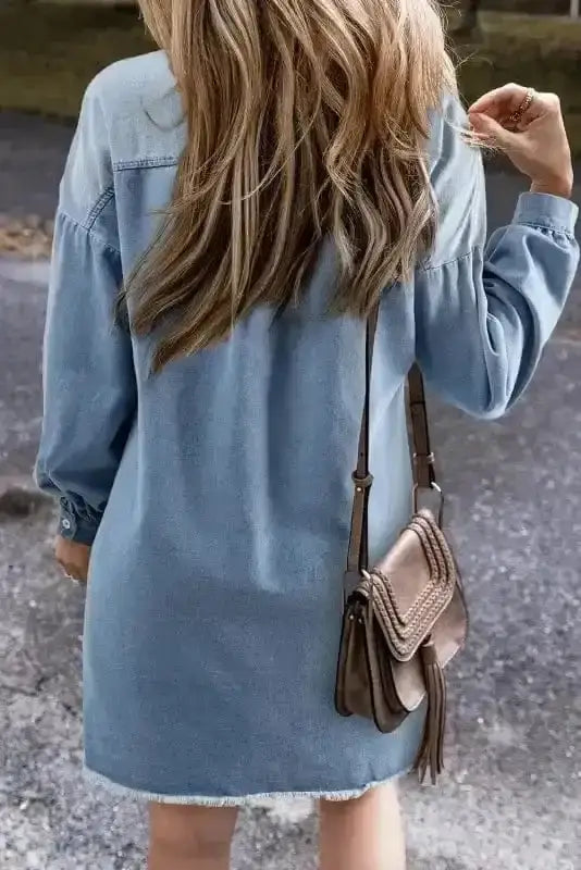 Denim Tunic Shift Mini Dress Women UK | Frayed Hem Casual
