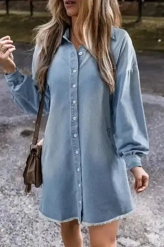 Denim Tunic Shift Mini Dress Women UK | Frayed Hem Casual