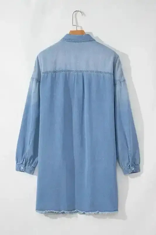 Denim Tunic Shift Mini Dress Women UK | Frayed Hem Casual