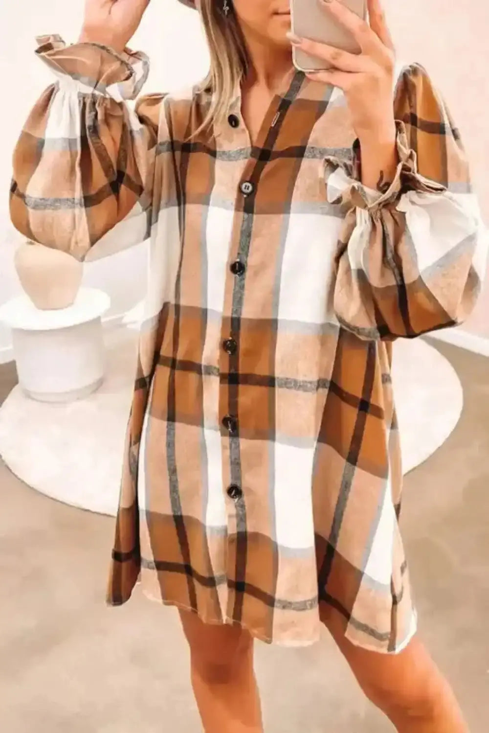 Khaki Plaid Ruffled Sleeve Shirt Dress Women UK