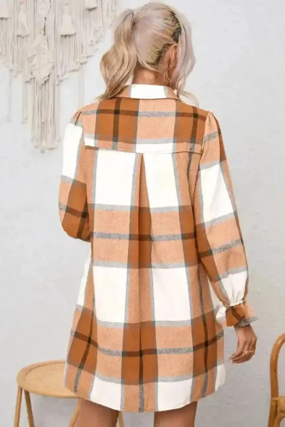 Khaki Plaid Ruffled Sleeve Shirt Dress Women UK