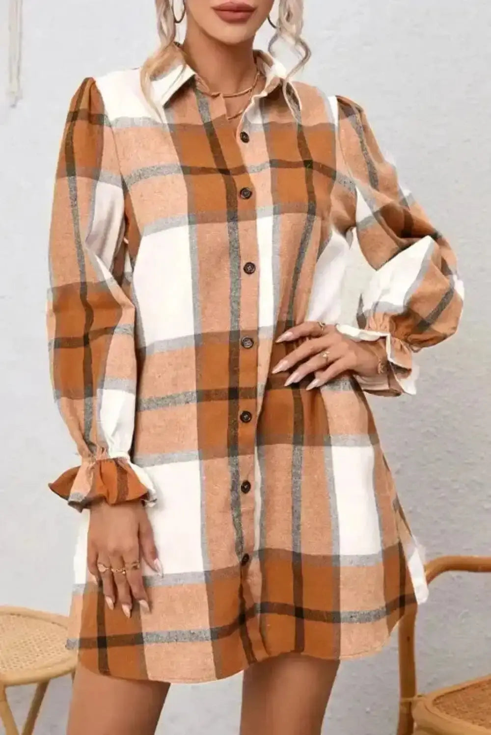 Khaki Plaid Ruffled Sleeve Shirt Dress Women UK