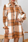Khaki Plaid Ruffled Sleeve Shirt Dress Women UK