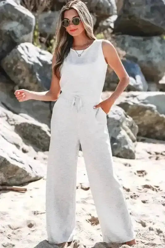 Silver Drift Sleeveless Drawstring Jumpsuit with Cut-Out Detail