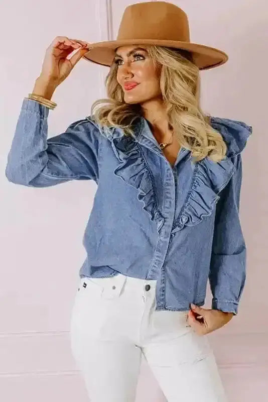 Dusk Blue Ruffled Denim Shirt Women UK | Casual Chic