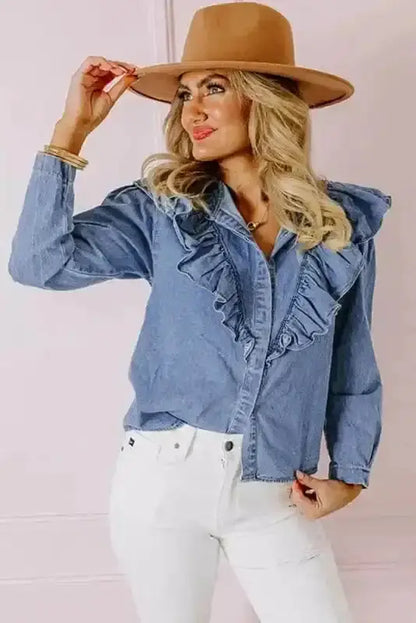 Dusk Blue Ruffled Denim Shirt Women UK | Casual Chic