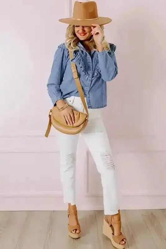 Dusk Blue Ruffled Denim Shirt Women UK | Casual Chic