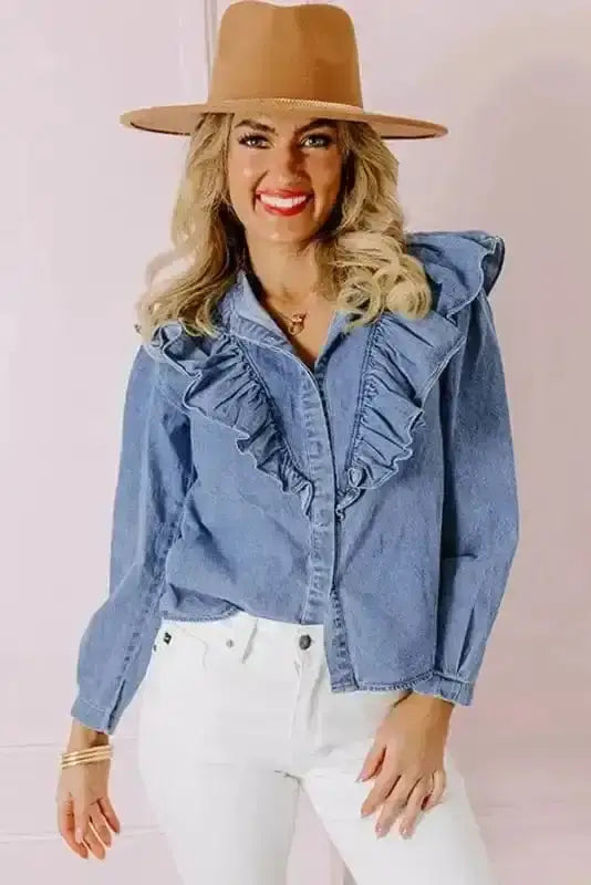 Dusk Blue Ruffled Denim Shirt Women UK | Casual Chic