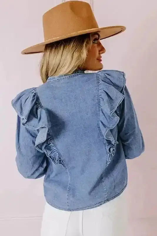 Dusk Blue Ruffled Denim Shirt Women UK | Casual Chic