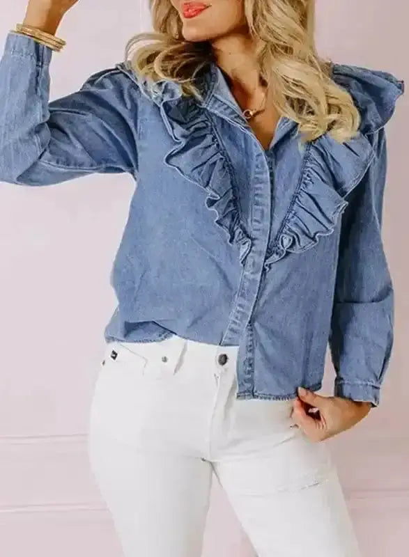 Dusk Blue Ruffled Denim Shirt Women UK | Casual Chic