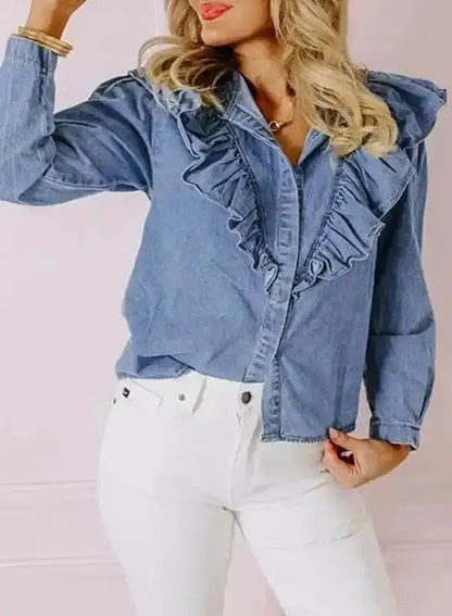 Dusk Blue Ruffled Denim Shirt Women UK | Casual Chic