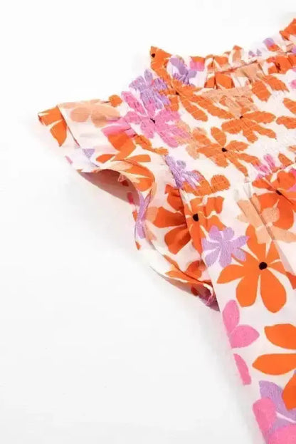 Orange Floral Smocked Ruffle Short Sleeve Blouse Women UK