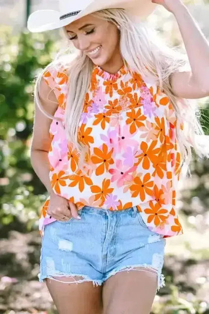 Orange Floral Smocked Ruffle Short Sleeve Blouse Women UK
