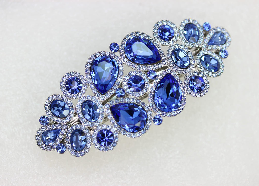 Faship Gorgeous Blue Rhinestone Floral Hair Barrette Clip | Bridal Jewelry