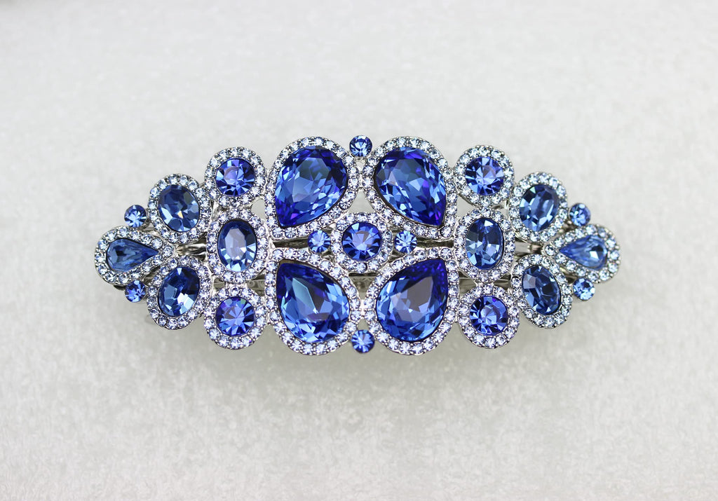 Faship Gorgeous Blue Rhinestone Floral Hair Barrette Clip | Bridal Jewelry
