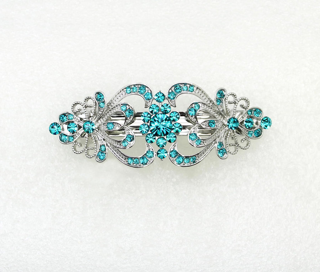 Faship Teal Rhinestone Floral Hair Barrette | Bridal & Party Hair Jewelry