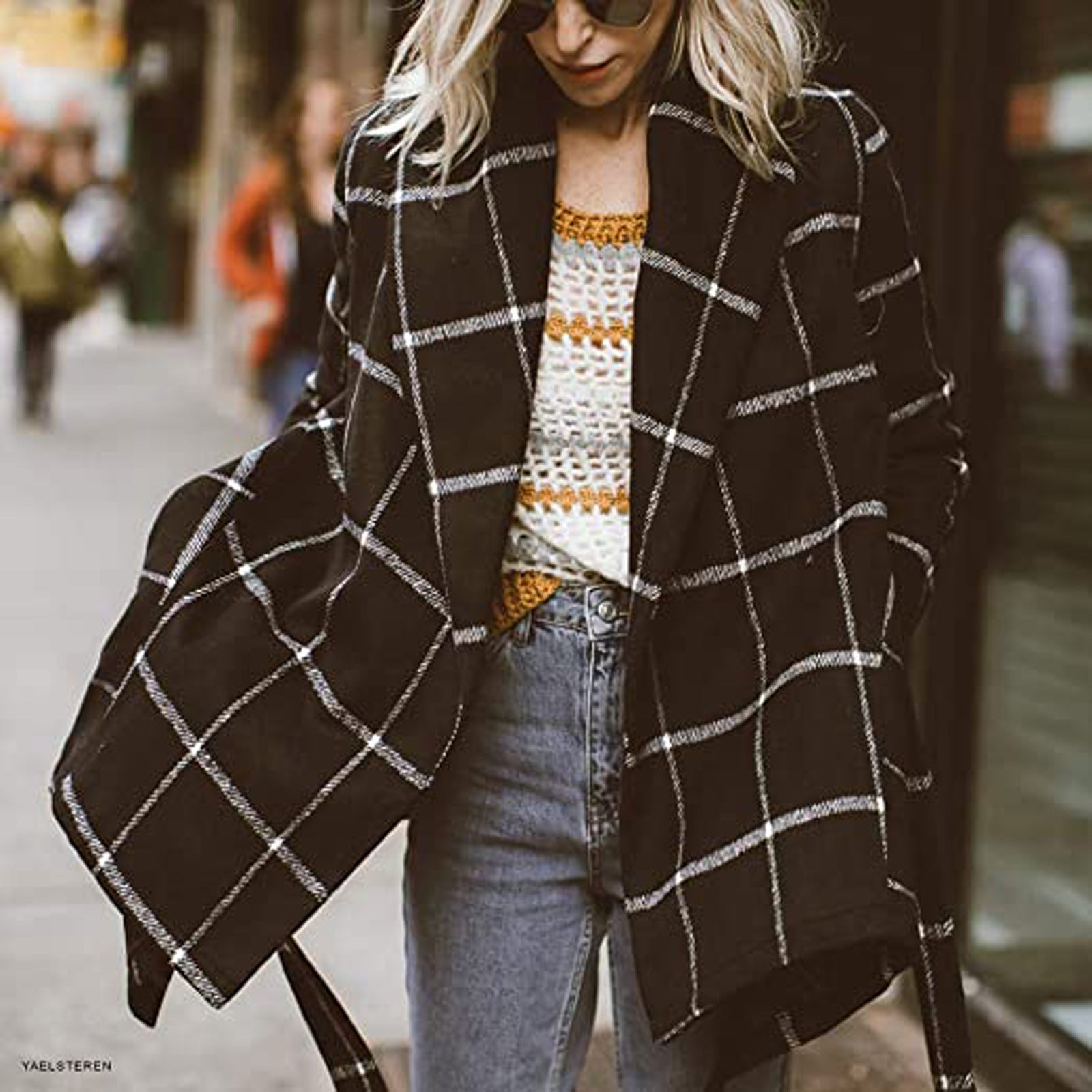 Lace-up Plaid Color Matching Woolen Coat Mid-length Trench Coat For Women