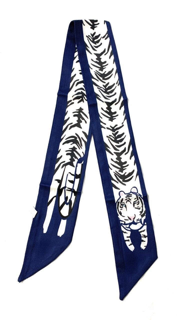 Womens 90cm Long Reversible Skinny Scarf Faux Silk Head Scarves Bag Charm Bow[Black White Tiger Stripes Navy Border]