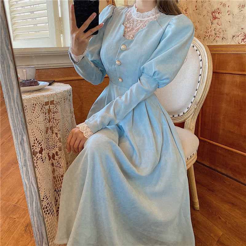 Solid Elegant Dress Women Winter Patchwork Lace Party