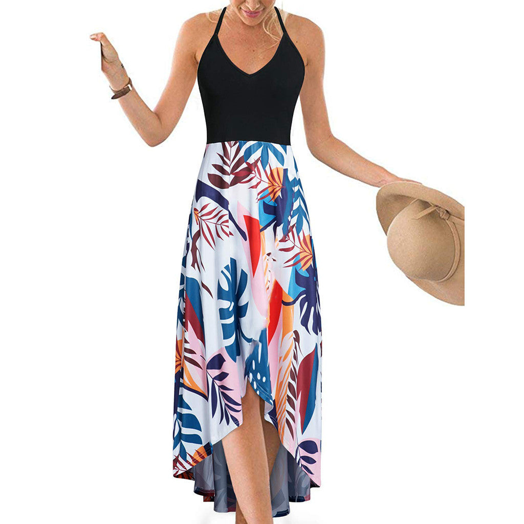 V-neck Strap Sleeveless Backless Color-matching Dress