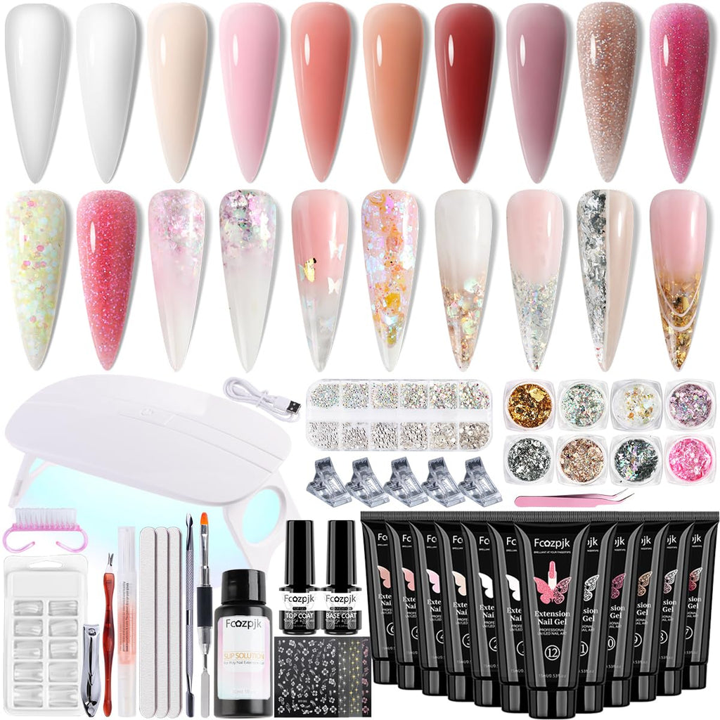 Fcozpjk Poly Gel Nail Kit with UV Lamp – 12 Colors Builder Gel for Beginners