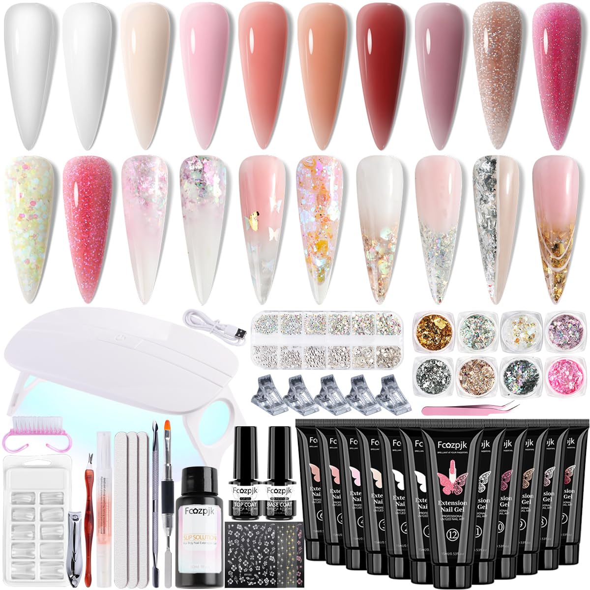 Fcozpjk Poly Gel Nail Kit with UV Lamp – 12 Colors Builder Gel for Beginners