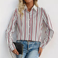 Lapel Color Vertical Striped Shirt For Women