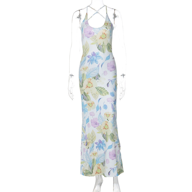 Fashion Printed Sexy Backless U-neck Slim Strap Dress