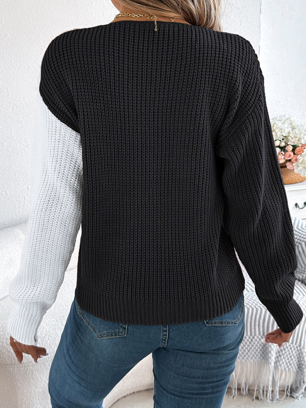 Women Casual V-Neck Button Color Block Lantern Sleeve Pullover Sweater