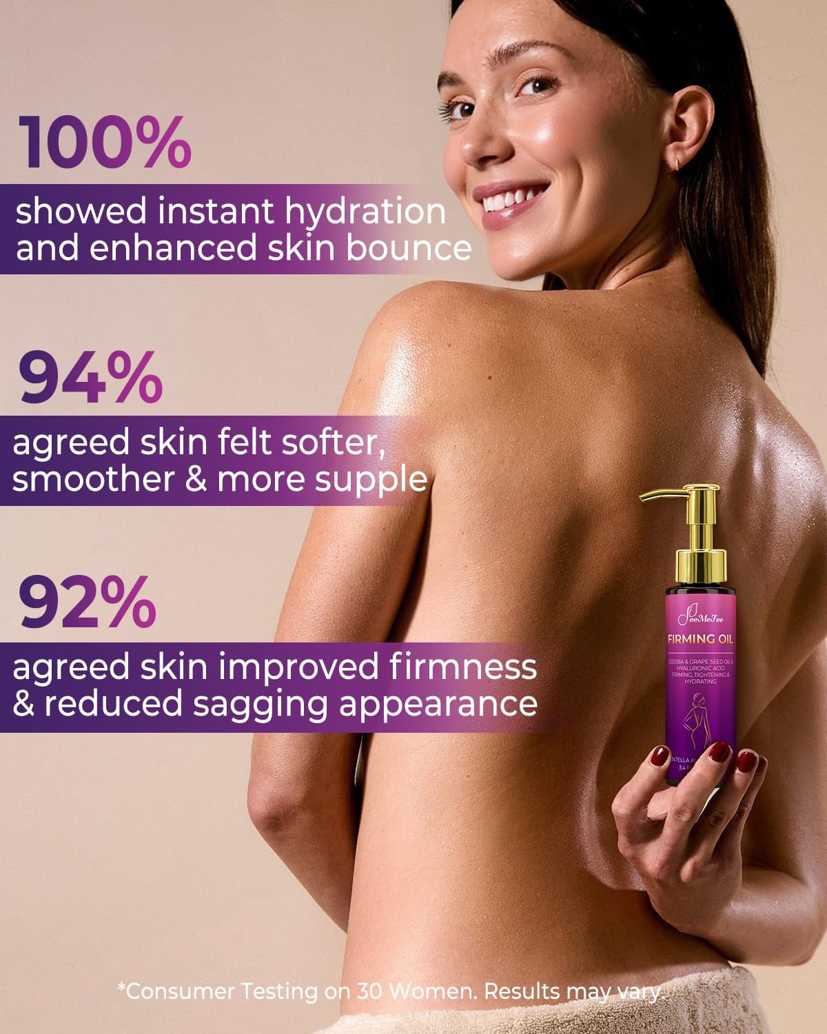 FeeMeFee Body Firming Oil – 3.4 oz with Hyaluronic Acid, Grape Seed & Jojoba, Lavender