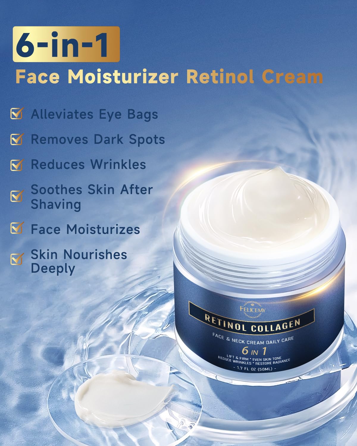 Felicemy 6-in-1 Face Cream for Men - 1.7 Fl Oz | Retinol, Hyaluronic Acid, Dead Sea Minerals