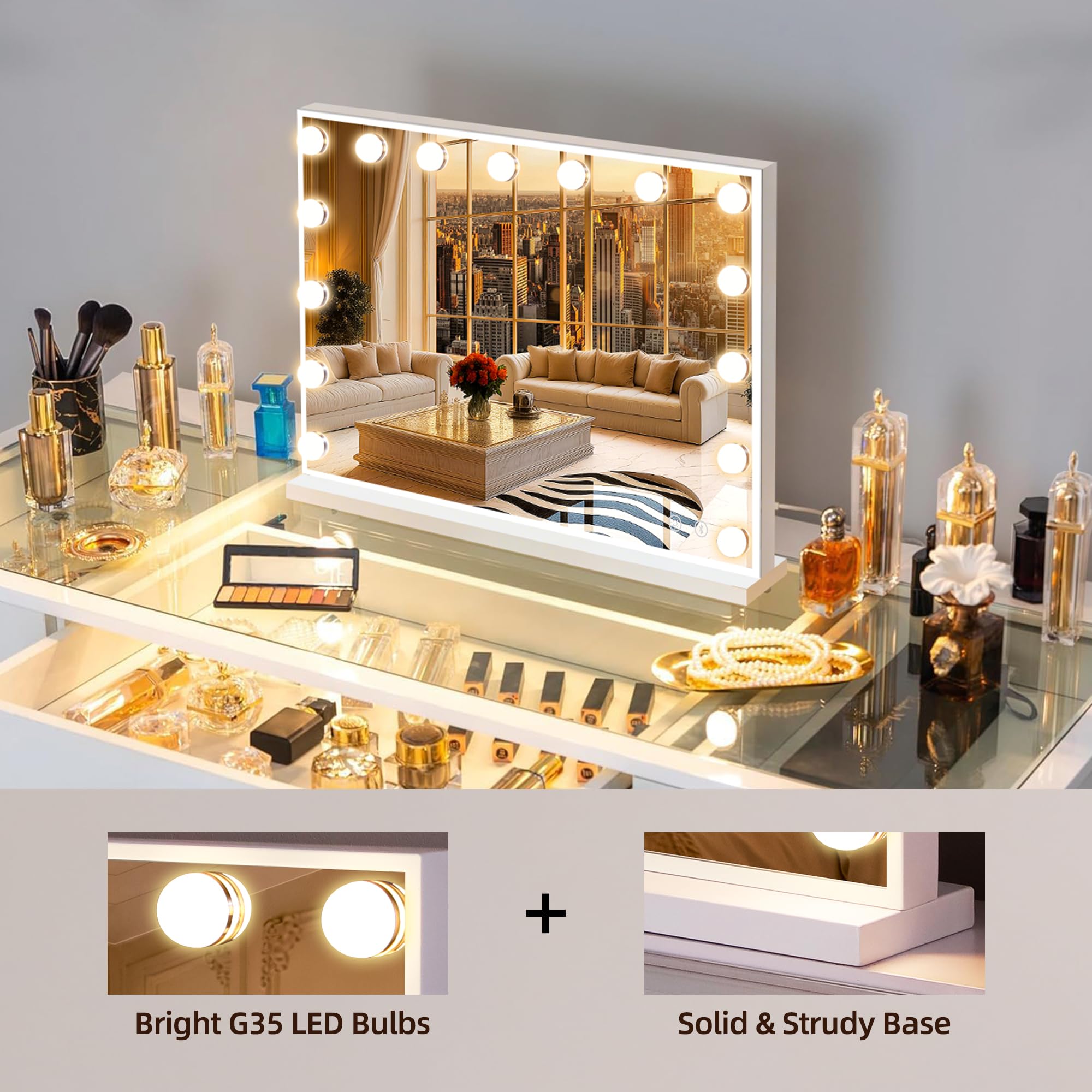 Fenchilin Vanity Mirror with Lights & Bluetooth Speaker - 22.8 x 18.1 in - 15 LED Bulbs - 3 Color Modes