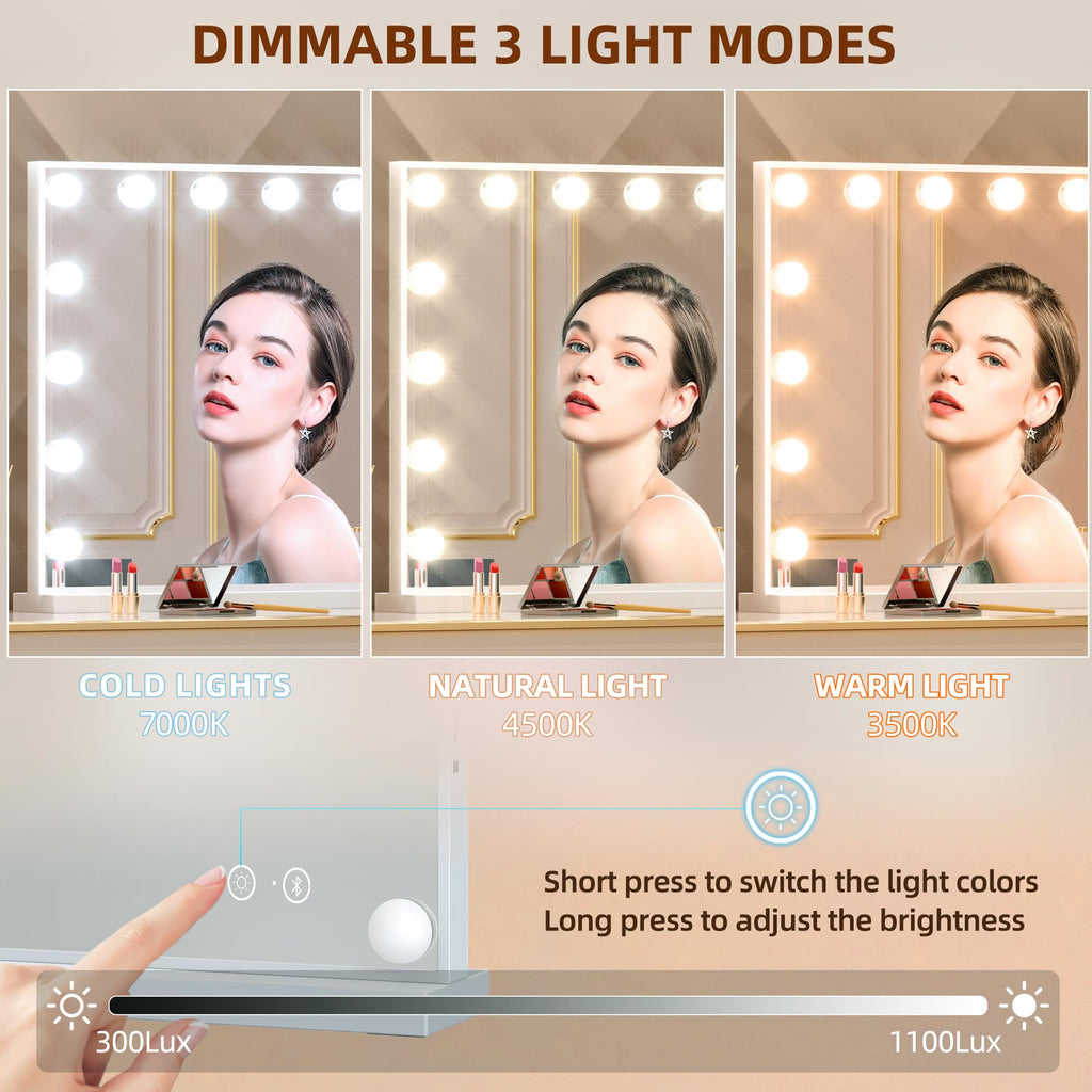 Fenchilin Vanity Mirror with Lights & Bluetooth Speaker - 22.8 x 18.1 in - 15 LED Bulbs - 3 Color Modes