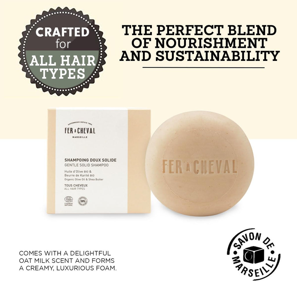 Fer à Cheval Gentle Solid Shampoo 100 g | Organic Olive Oil & Shea Butter, COSMOS Natural, Silicone-Free, All Hair Types
