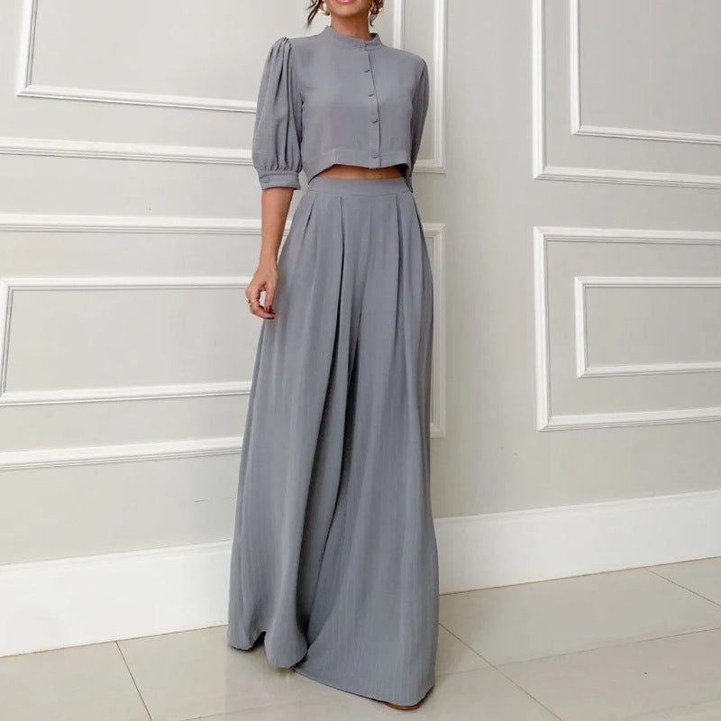 Round Neck Half Sleeve Short Vest High Waist Straight Pants Suit