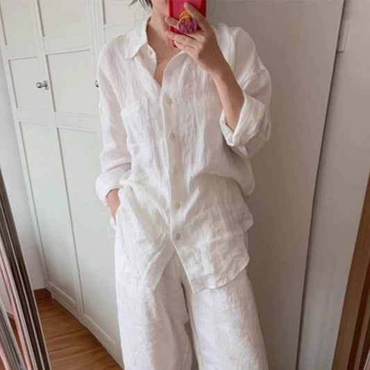 Linen-cotton White Shirt And Pants Set For Women